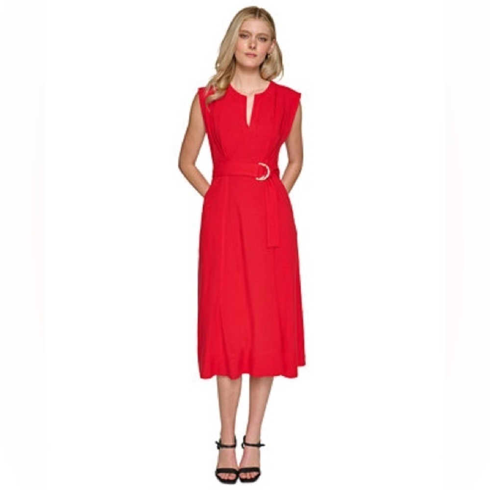 Karl Lagerfeld Vibrant Red Belted Cotton midi A line Dress 4